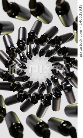 Moving Towards Black Cosmetic Bottles Arranged In A Circle. Abstract 3D render of black glossy cosmetic bottles arranged in a circular pattern with dynamic motion blur effect on dark background. 140538939