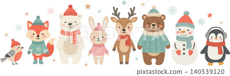 Christmas cute winter animal clipart set with fox, bears, bunny, reindeer, snowman, penguin, bird, stars on white background Christmas cute winter animal clipart set with fox, bears, bunny, reindeer, snowman, penguin, bird, stars on white background 140539120