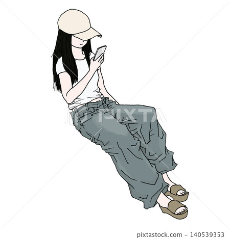 一位女士坐著看著她的智慧型手機，戴著帽子，穿著T恤和牛仔褲（顏色）。 140539353