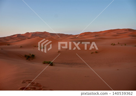 Reddish sand dunes stretch out beneath a clear blue sky in the Merzouga Desert in Morocco. Reddish sand dunes stretch out beneath a clear blue sky in the Merzouga Desert in Morocco. 140539362
