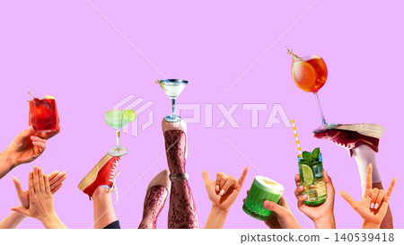 Colorful cocktail party collage with drinks balancing on heels and hands on pink background. 140539418