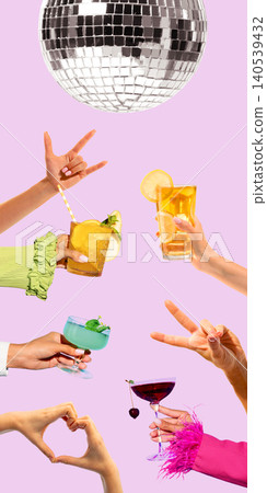 Colorful party cocktails and disco ball with hands on pink background. 140539432