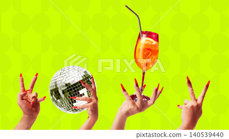 Aperol style cocktail with disco ball and peace hands on neon green background. 140539440