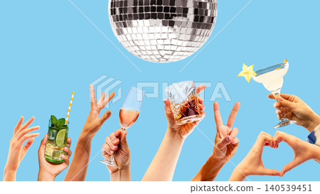 Party hands holding cocktails under disco ball on blue background. 140539451