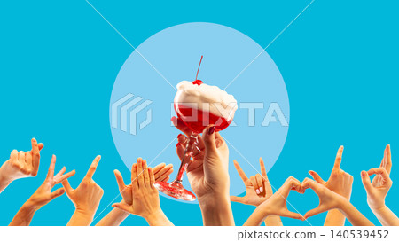 Red cocktail raised above cheering hands on blue pop art background Red cocktail raised above cheering hands on blue pop art background 140539452