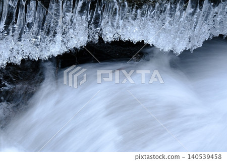 Cool and refreshing image photo of a waterfall and icicles. Cool and refreshing image photo of a waterfall and icicles. 140539458