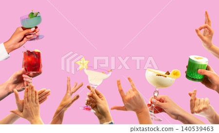 Colorful cocktails and hands cheering on pink background with copy space. 140539463