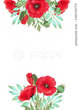 Watercolor vertical frame with red poppy, buds, seed pods and foliage. Floral arrangement with space for text. Hand-drawn isolated art. Invitation template. Symbol of remembrance and peace, Anzac 140539774