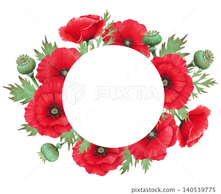 Watercolor illustration of poppy and leaves with pod. Round frame with space for text. Wild Poppy Festival, Remembrance, Anzac Day. Botanical template for packaging, invitations and printed materials Watercolor illustration of poppy and leaves with pod. Round frame with space for text. Wild Poppy Festival, Remembrance, Anzac Day. Botanical template for packaging, invitations and printed materials 140539775
