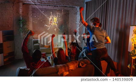 Family watching basketball projection at home with cheering crowd and warm evening light. 140539809