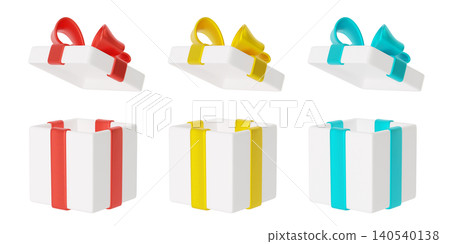 Set of white Gift Boxes with red, yellow, turquoise ribbons and bows, open presents, isolated on background. Perfect for holiday, birthday, celebration, sale, Christmas, Weddings. 3d render. Set of white Gift Boxes with red, yellow, turquoise ribbons and bows, open presents, isolated on background. Perfect for holiday, birthday, celebration, sale, Christmas, Weddings. 3d render. 140540138
