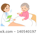 A doctor listens to an elderly woman sitting in bed during a home visit by a visiting nurse. 140540197