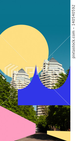 Abstract geometric copy spaces with high rise buildings and green trees. Abstract geometric copy spaces with high rise buildings and green trees. 140540592