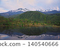 The sunrise over Ichinose Park in Norikura Highlands, with a view of Mount Norikura reflected in the water from Maime Pond. 140540666