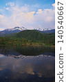 The sunrise over Ichinose Park in Norikura Highlands, with a view of Mount Norikura reflected in the water from Maime Pond. 140540667