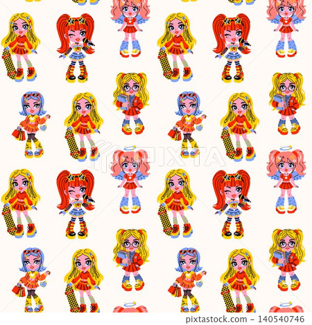 Hand drawn seamless pattern with kawaii Y2K anime style girl characters Hand drawn seamless pattern with kawaii Y2K anime style girl characters 140540746
