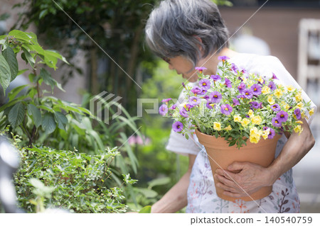 一位頭髮花白、微笑的老婦人喜歡園藝,她精心照料花園裡的花草。 (未露面) 一位頭髮花白、微笑的老婦人喜歡園藝,她精心照料花園裡的花草。 (未露面) 140540759