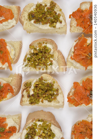 Vegan Salmon Carrots and Pistachio Topped Bruschettas with Cashew Cream Vegan Salmon Carrots and Pistachio Topped Bruschettas with Cashew Cream 140540936