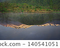 Norikura Plateau, Ichinose Park at sunrise; Mt. Norikura reflected in Maime Pond. 140541051