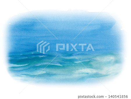 Watercolor illustration of calm sea or ocean water with blue waves and sky. Isolated abstract background with a soft vignette effect, perfect for summer vacation designs, marine banners, or wedding Watercolor illustration of calm sea or ocean water with blue waves and sky. Isolated abstract background with a soft vignette effect, perfect for summer vacation designs, marine banners, or wedding 140541856
