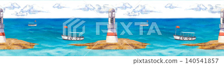Seamless horizontal border of a coastal bay on an isolated background. Watercolor panoramic illustration with navigation beacon towers, ships, clouds, and turquoise sea water is perfect for kids Seamless horizontal border of a coastal bay on an isolated background. Watercolor panoramic illustration with navigation beacon towers, ships, clouds, and turquoise sea water is perfect for kids 140541857