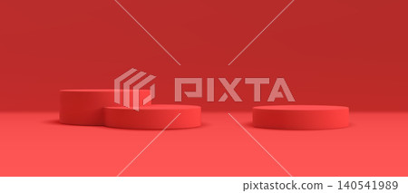 Minimalist red 3D podium vector background. Clean geometric stage cylinder pedestals for product presentation, cosmetic mockup or exhibition template with copy space. 140541989