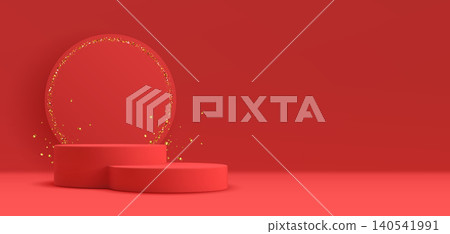 Red 3D podium vector background with gold glitter confetti. Luxury geometric stage pedestal for product presentation, award ceremony or festive design template with copy space. Red 3D podium vector background with gold glitter confetti. Luxury geometric stage pedestal for product presentation, award ceremony or festive design template with copy space. 140541991