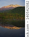 The sunrise over Ichinose Park in Norikura Highlands, with a view of Mount Norikura reflected in the water from Maime Pond. 140542082