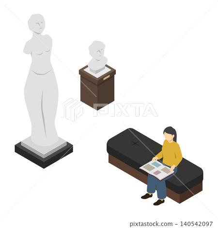 等距插圖:一位女士在博物館的沙發上看著產品目錄。 等距插圖:一位女士在博物館的沙發上看著產品目錄。 140542097