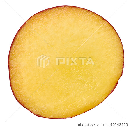Cross section of a ripe peach with juicy yellow flesh and red skin around the edge Cross section of a ripe peach with juicy yellow flesh and red skin around the edge 140542323