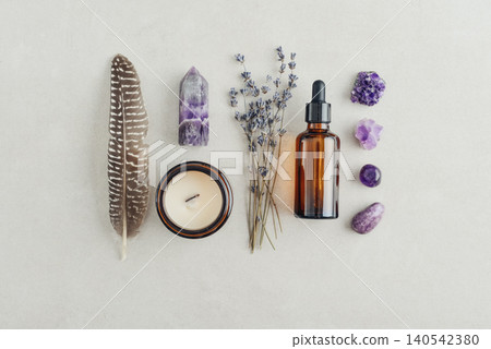Holistic healing and mindfulness concept associated with meditation, aromatherapy, sound therapy, energy balance, relaxation rituals, massage treatments, and spiritual self-care. 140542380