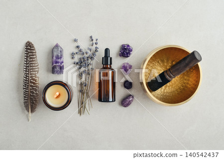 Holistic healing and mindfulness concept associated with meditation, aromatherapy, sound therapy, energy balance, relaxation rituals, massage treatments, and spiritual self-care. 140542437