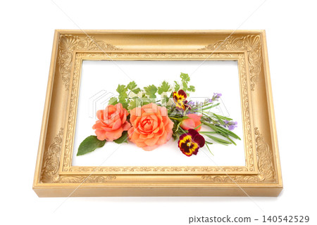 Elegant composition of a vintage gold picture frame framing a delicate bouquet of pink roses, pansies, and lavender herbs isolated on a pure white background, horizontal frame. Elegant composition of a vintage gold picture frame framing a delicate bouquet of pink roses, pansies, and lavender herbs isolated on a pure white background, horizontal frame. 140542529
