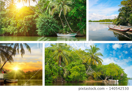 Creative collage of beautiful tropical river landscapes with palm trees and wooden boats under a bright sun, featuring exotic island scenery, horizontal frame. 140542530