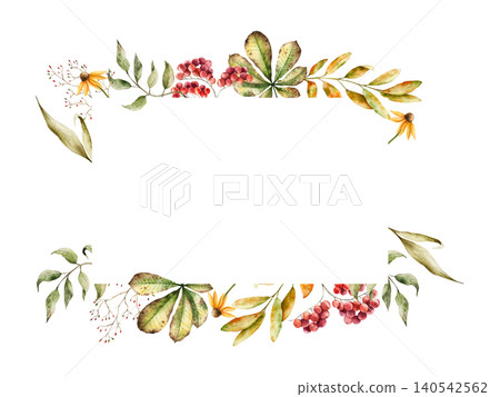 Watercolor frame, logo, template with bunch of rowan berries, autumn dry leaves. Botanical hand drawn illustration isolated on background. Ideal for seasonal, halloween, forest, or nature-themed 140542562