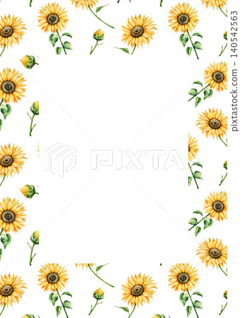 Watercolor frame, postcard, template with sunflowers in warm autumn tones. Botanical hand drawn illustration isolated on background. Ideal for seasonal, halloween, forest, logo, nature-themed designs Watercolor frame, postcard, template with sunflowers in warm autumn tones. Botanical hand drawn illustration isolated on background. Ideal for seasonal, halloween, forest, logo, nature-themed designs 140542563
