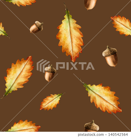 Watercolor seamless pattern oak leaf in warm autumn tones. Botanical hand drawn idolated illustration ideal for seasonal, forest, or nature-themed designs. Rustic foliage perfect for fall decor 140542564