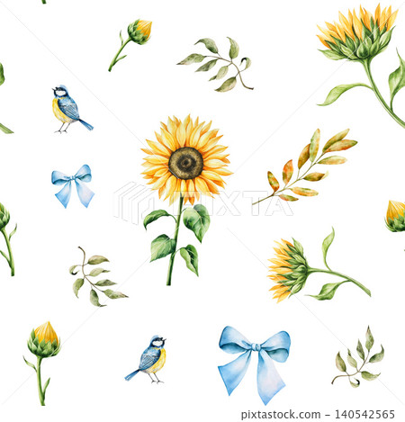 Watercolor seamless pattern with bright yellow sunflowers in warm autumn tones with blue tit perche. Botanical hand drawn illustration isolated on background. Ideal for seasonal, halloween, forest, or Watercolor seamless pattern with bright yellow sunflowers in warm autumn tones with blue tit perche. Botanical hand drawn illustration isolated on background. Ideal for seasonal, halloween, forest, or 140542565