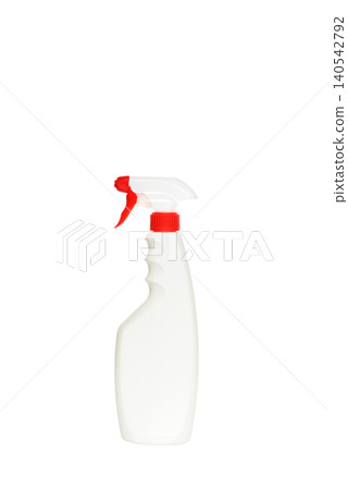 white plastic spray bottle with a red trigger sprayer side view on a white background white plastic spray bottle with a red trigger sprayer side view on a white background 140542792
