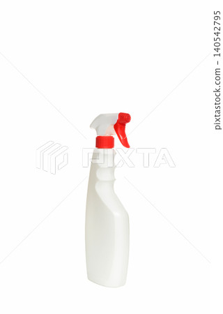 white spray bottle with a red trigger turned to the right on a white background 140542795
