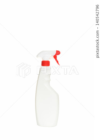 plastic spray bottle with a red trigger turned to the left on a white background 140542796