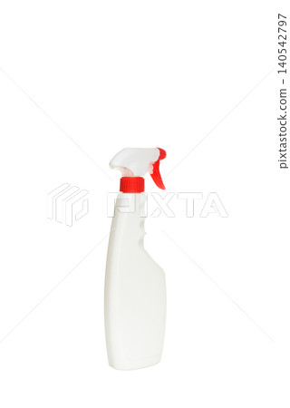 white atomizer bottle with a red dispenser at an angle to the left on a white background 140542797