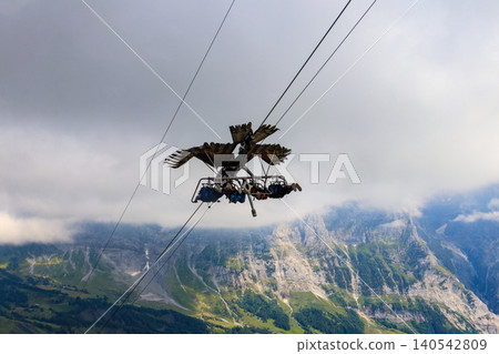 Grindelwald First peak activity - First Glider, Switzerland. Flying with a bird of prey, tourist attraction Grindelwald First peak activity - First Glider, Switzerland. Flying with a bird of prey, tourist attraction 140542809