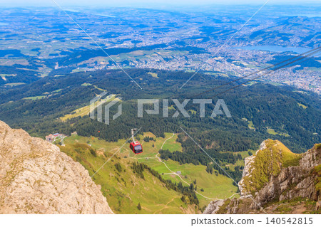 Overhead cable car to the top of Mount Pilatus in Canton Lucerne, Switzerland Overhead cable car to the top of Mount Pilatus in Canton Lucerne, Switzerland 140542815