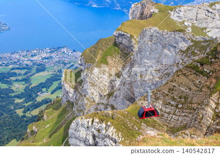 Overhead cable car to the top of Mount Pilatus in Canton Lucerne, Switzerland Overhead cable car to the top of Mount Pilatus in Canton Lucerne, Switzerland 140542817
