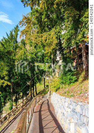 Footpath at St. Beatus Caves entrance in Beatenberg, Bernese Oberland, Switzerland 140542841