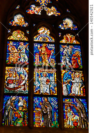 Stained glass in St. Vitus Cathedral in Prague, Czech Republic 140542921