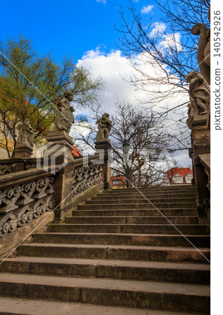 Stairway with baroque statues near Loreta Monastery in Prague, Czech Republic Stairway with baroque statues near Loreta Monastery in Prague, Czech Republic 140542926