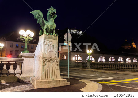 Night view of Dragon bridge over the Ljubljanica river in Ljubljana, Slovenia Night view of Dragon bridge over the Ljubljanica river in Ljubljana, Slovenia 140542933