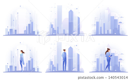 Female figures into skyscrapers landscape with GPS signal lines, context of location and navigation. Business Person connectivity in city life. Vector illustration 140543014